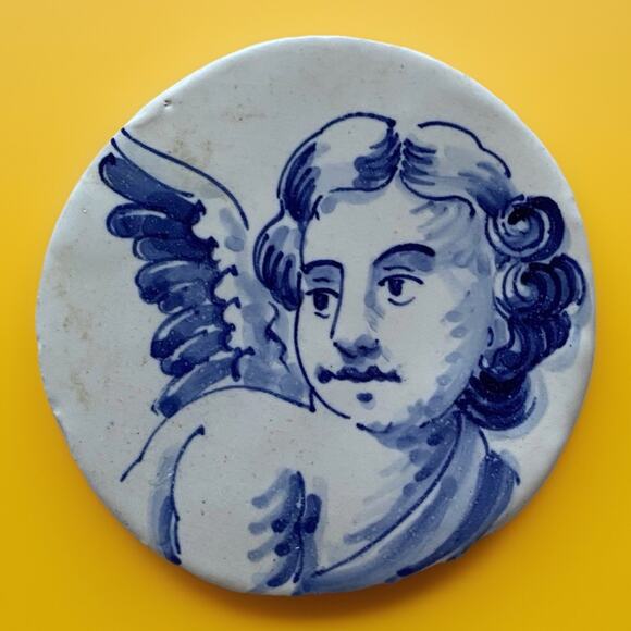 2 Angel Cherub Portuguese Ceramic Tiles Azulejo Trivet Coaster handpainted 5.4" - Picture 4 of 6